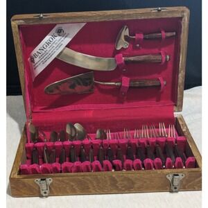 Vintage Thai Gems Factory 19 PC Brass Teak Handle Serving Flatware w/ Wood Case